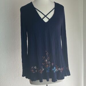 EUC Karen Kane Blue Floral Flowy Long Sleeve Boho Top Super Soft L